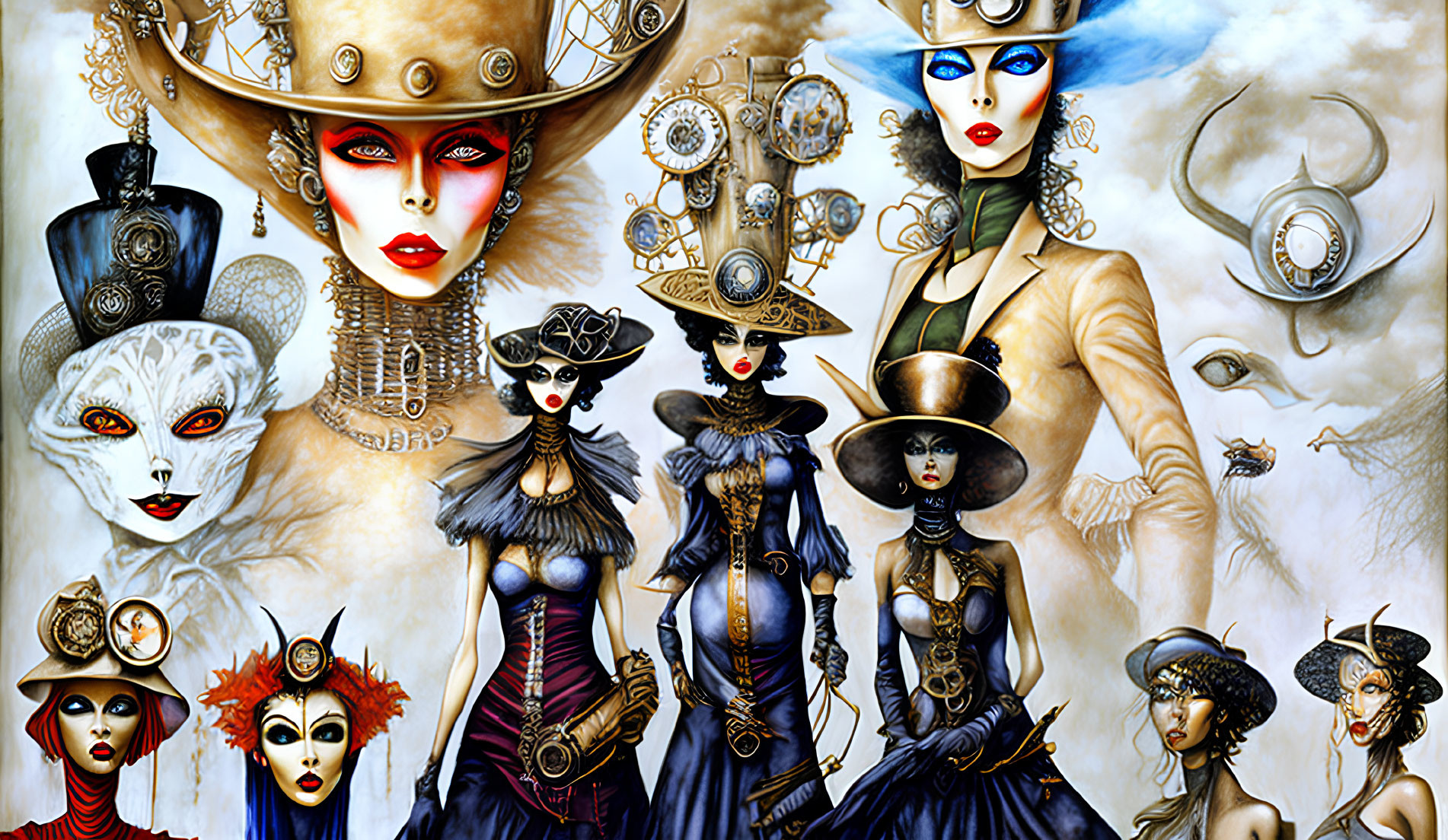 Vibrant steampunk-inspired women illustration with intricate designs