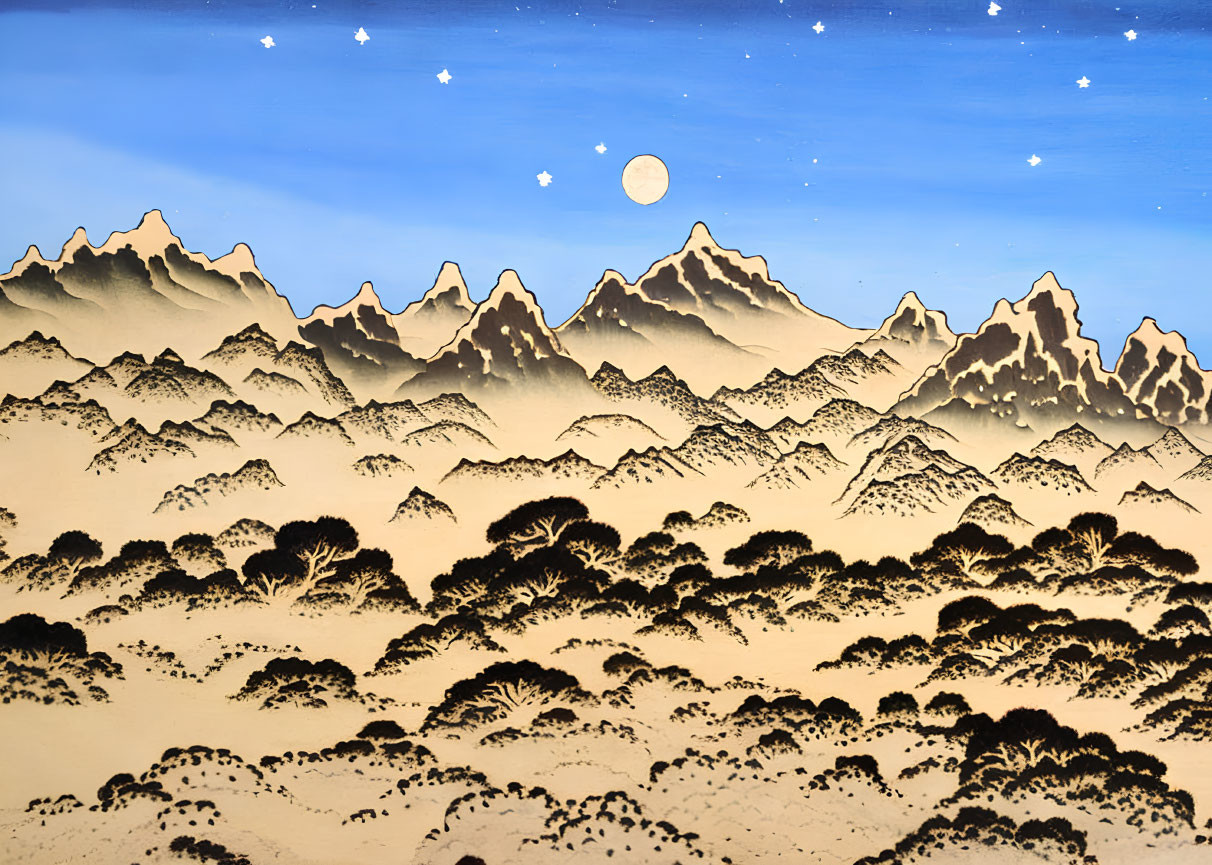 Starry sky painting: Moonlit mountains & dark trees