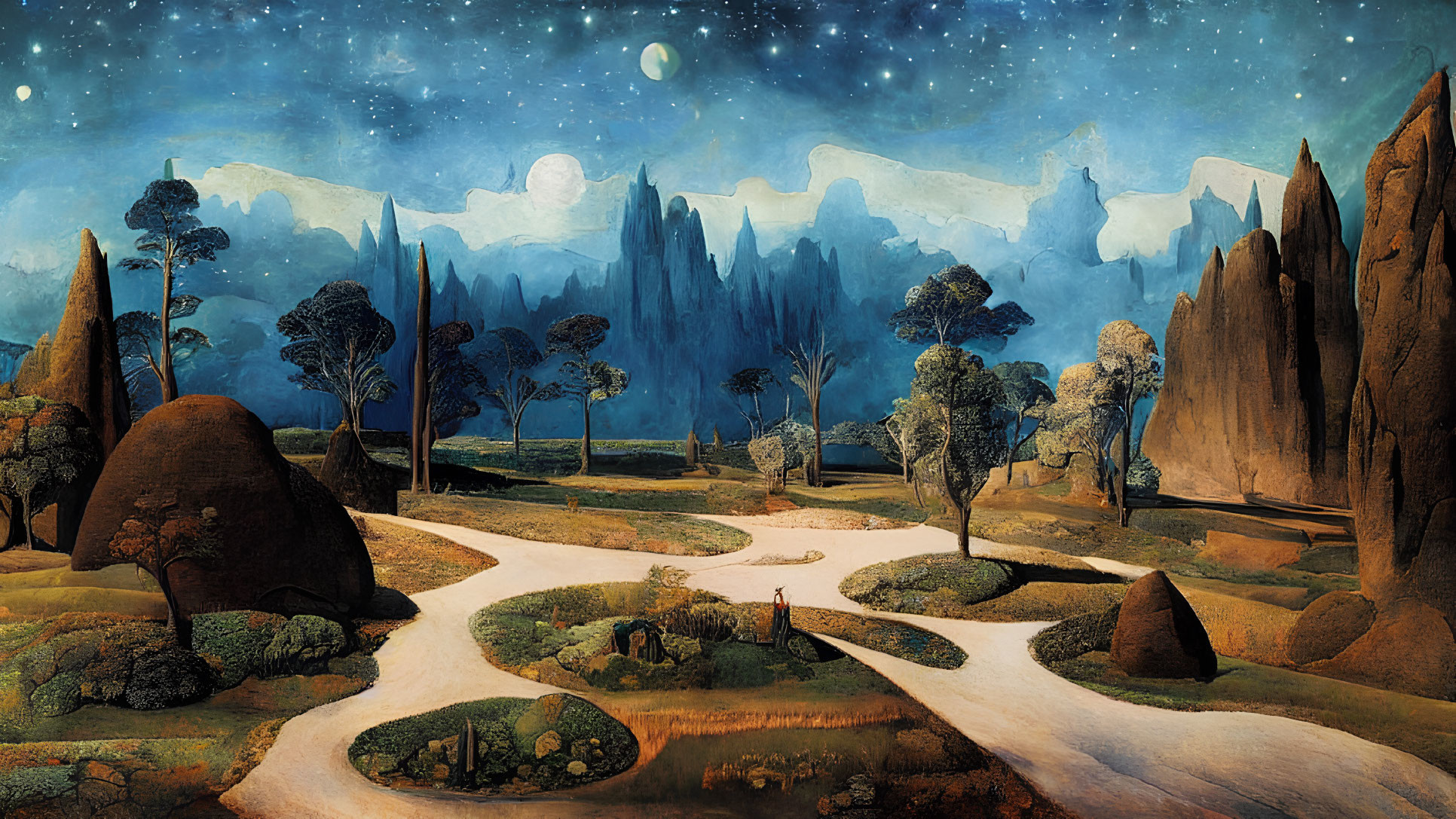 Fantastical landscape painting with wandering paths, towering cliffs, night sky, stars, and moon