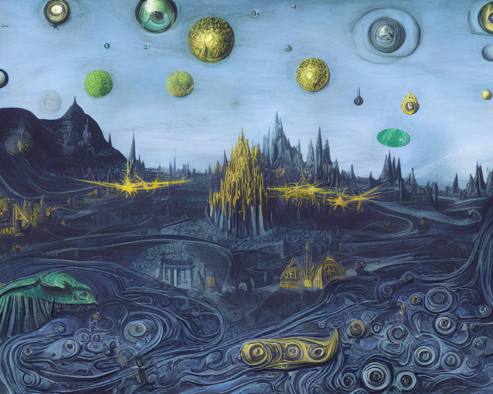 Surreal landscape with cosmic elements and whimsical architecture in Van Gogh's "Starry Night