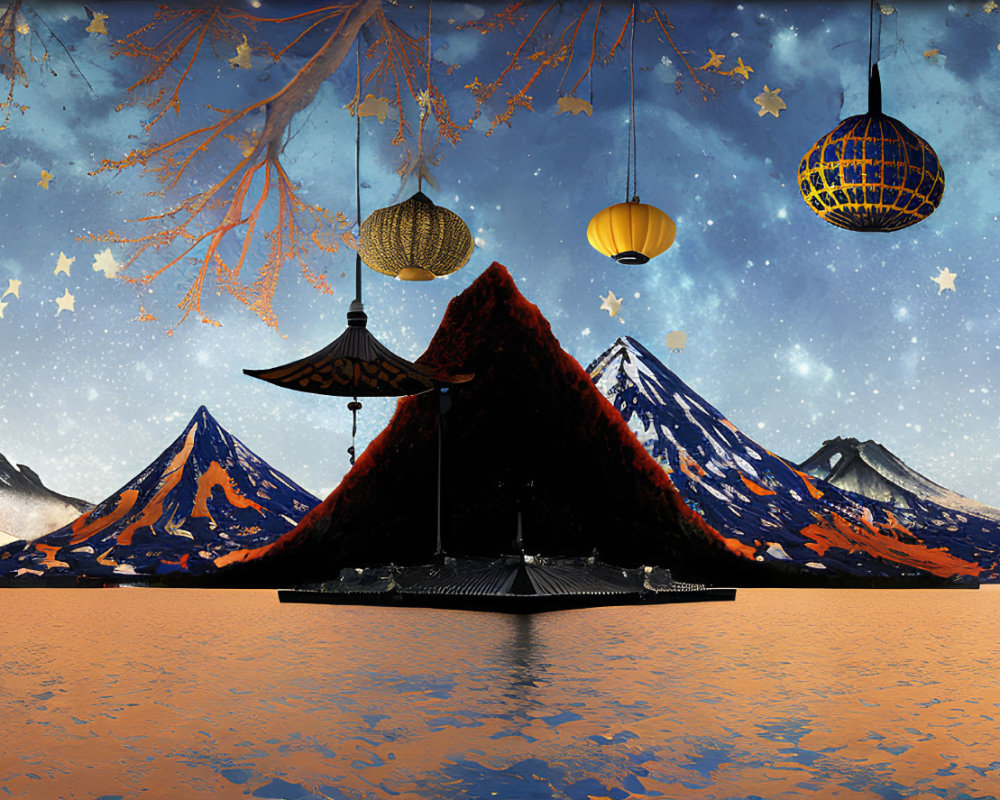 Surreal landscape with starry sky, hot air balloons, colorful mountains, orange lake, and