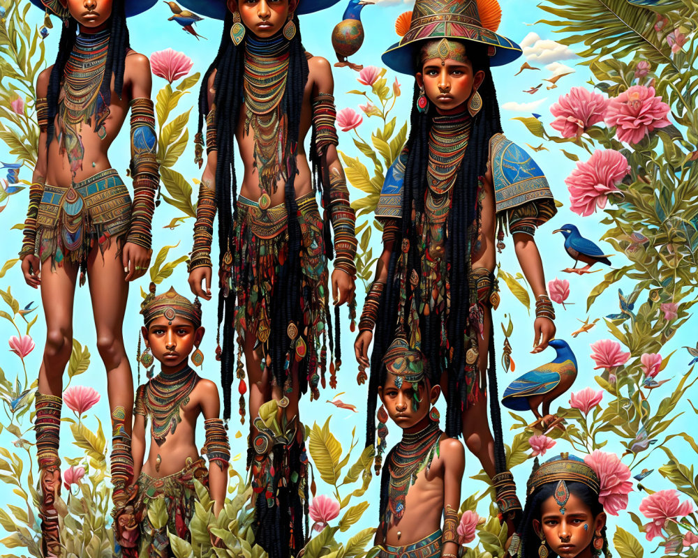 Artwork featuring women and children in traditional attire amidst lush flora and exotic birds.