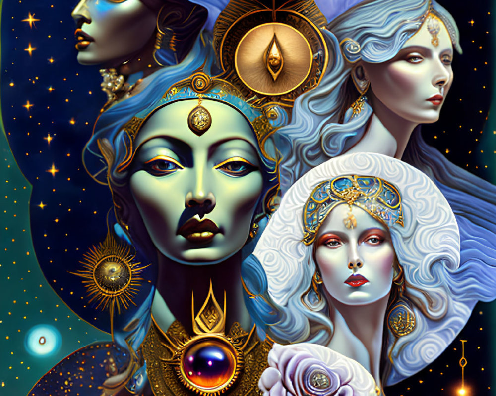 Vertical mystical cosmic female figures adorned with intricate jewelry against starry backdrop