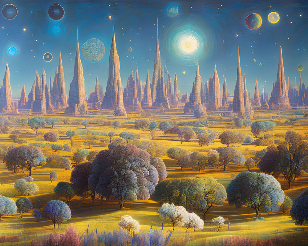 Fantastical landscape with towering spires and celestial skies