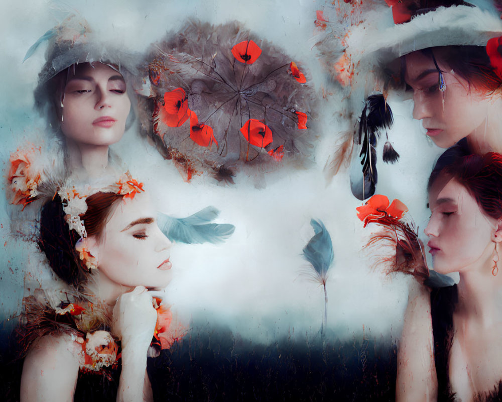 Four ethereal female portraits with red poppies, feathers, and blue backdrop.