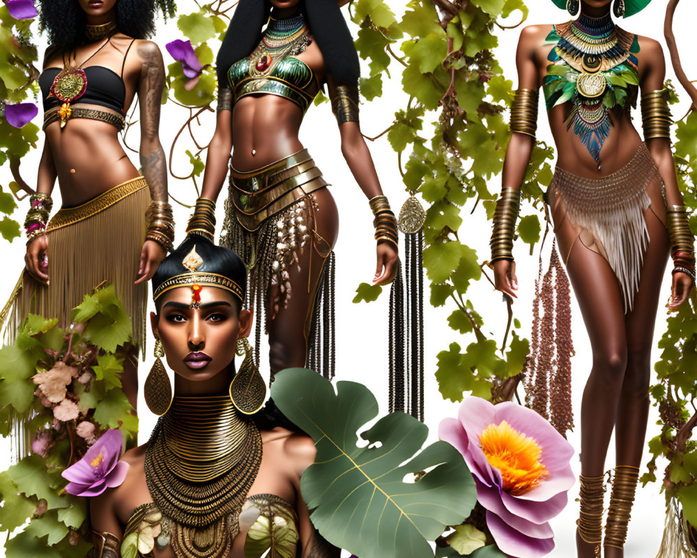 Five artistic renders of a woman in gold and green outfits with jewelry, surrounded by vines and flowers