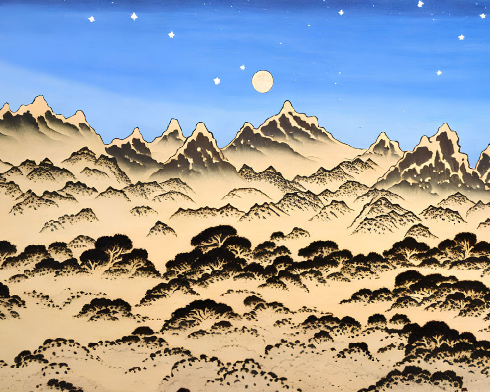 Starry sky painting: Moonlit mountains & dark trees