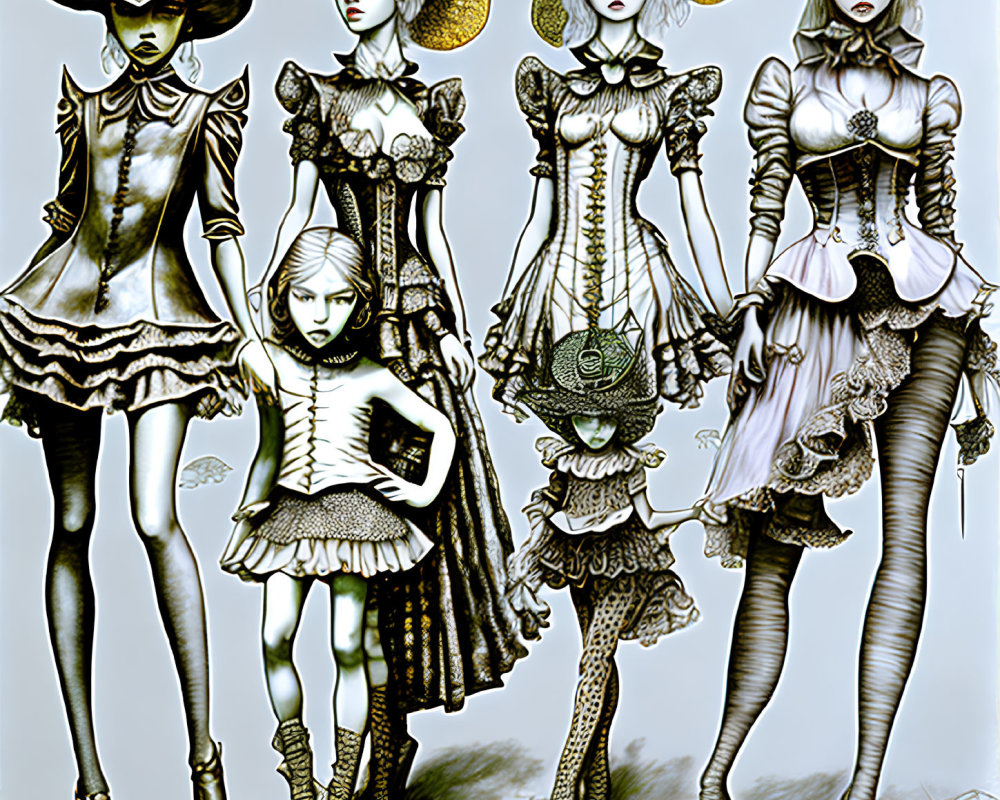 Four stylized female characters in intricate steampunk outfits