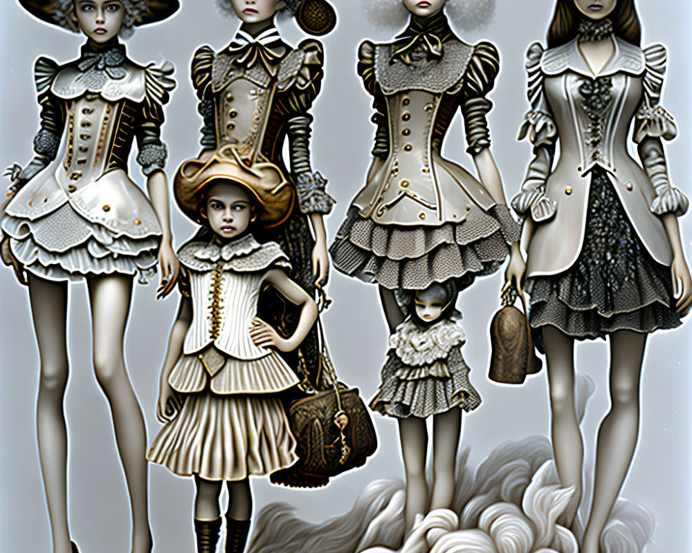 Six Stylized Female Figures in Avant-Garde Victorian-Inspired Outfits