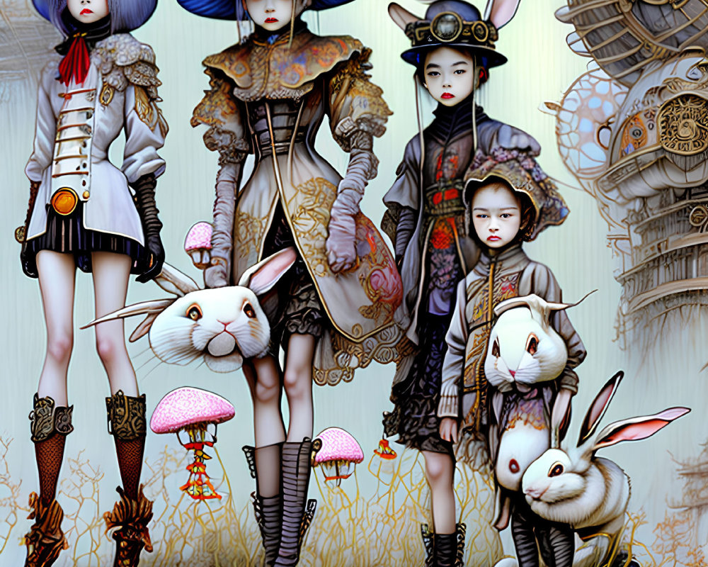 Fantasy characters with rabbit features in ornate clothing among cogwheels and large rabbits in hats