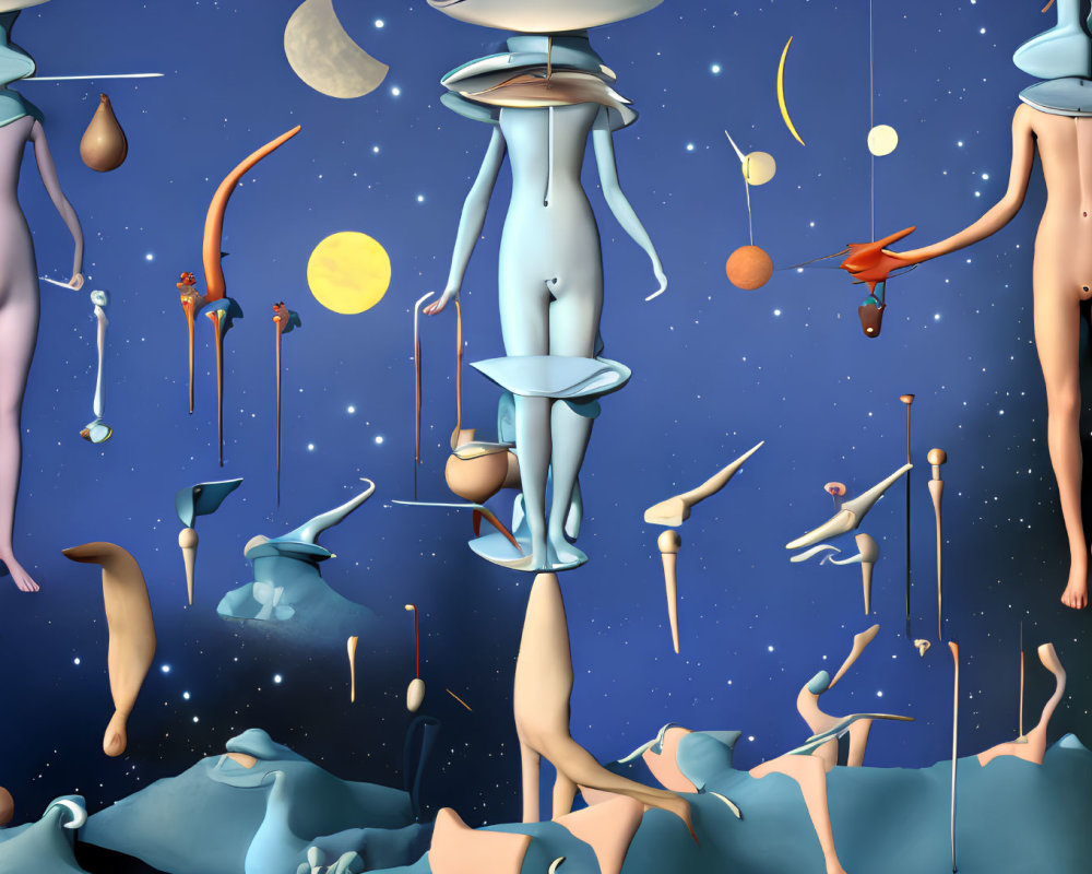 Abstract surreal artwork: elongated humanoid figures and celestial objects in cosmic scene