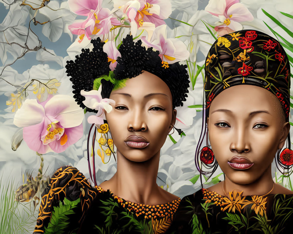 Two Women Digital Art with Stylized Features and Floral Headpieces