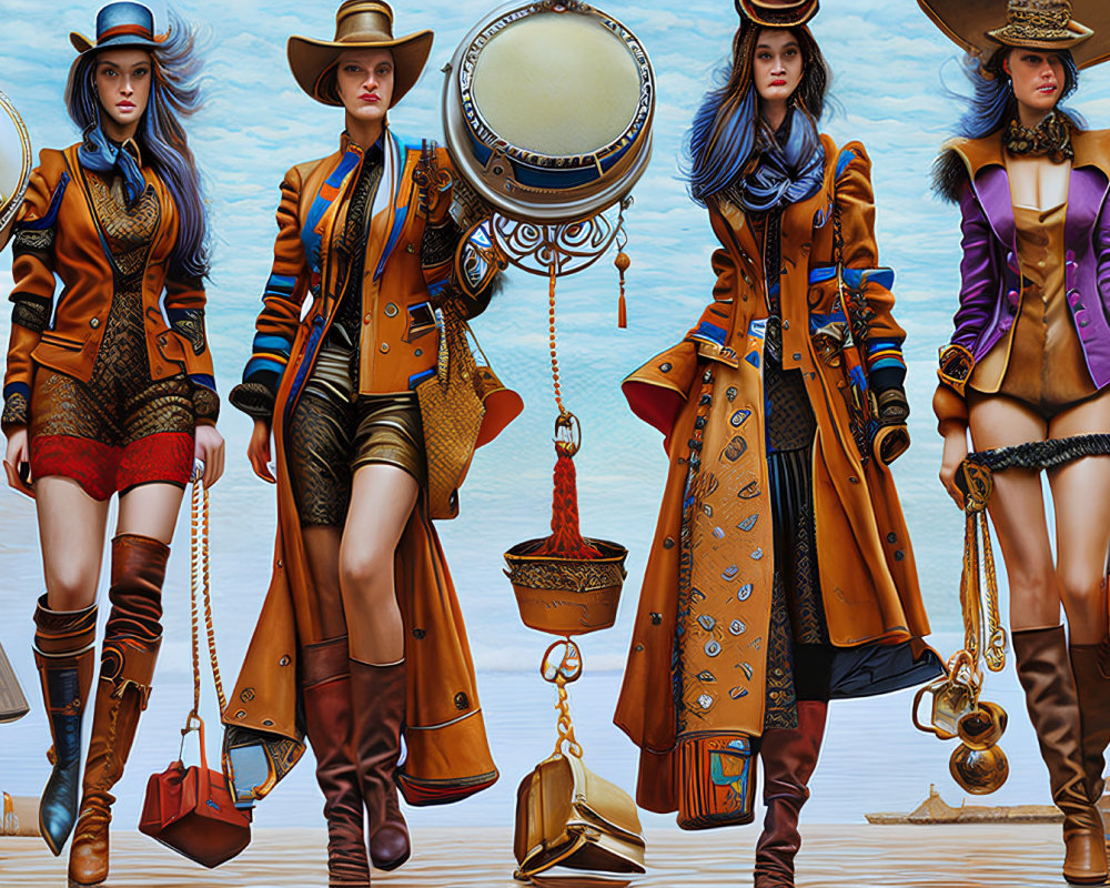 Stylized steampunk women with airships and gears in background