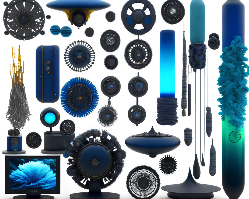 Assorted Blue Abstract 3D Objects on White Background