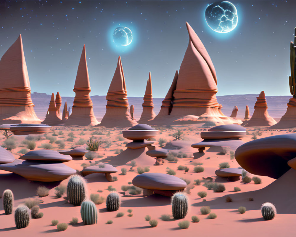 Surreal desert landscape with rock spires, flying saucer-like formations, cacti,