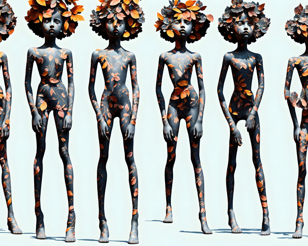 Five 3D-Rendered Autumn-Themed Figures on Pale Background