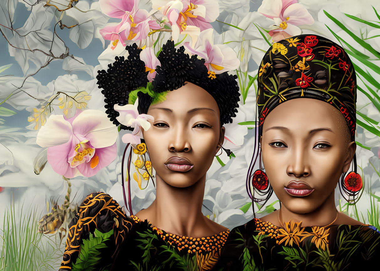 Two Women Digital Art with Stylized Features and Floral Headpieces