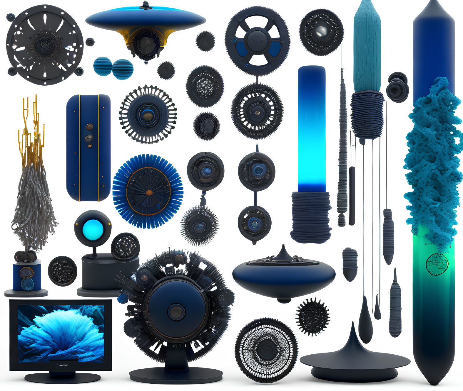 Assorted Blue Abstract 3D Objects on White Background