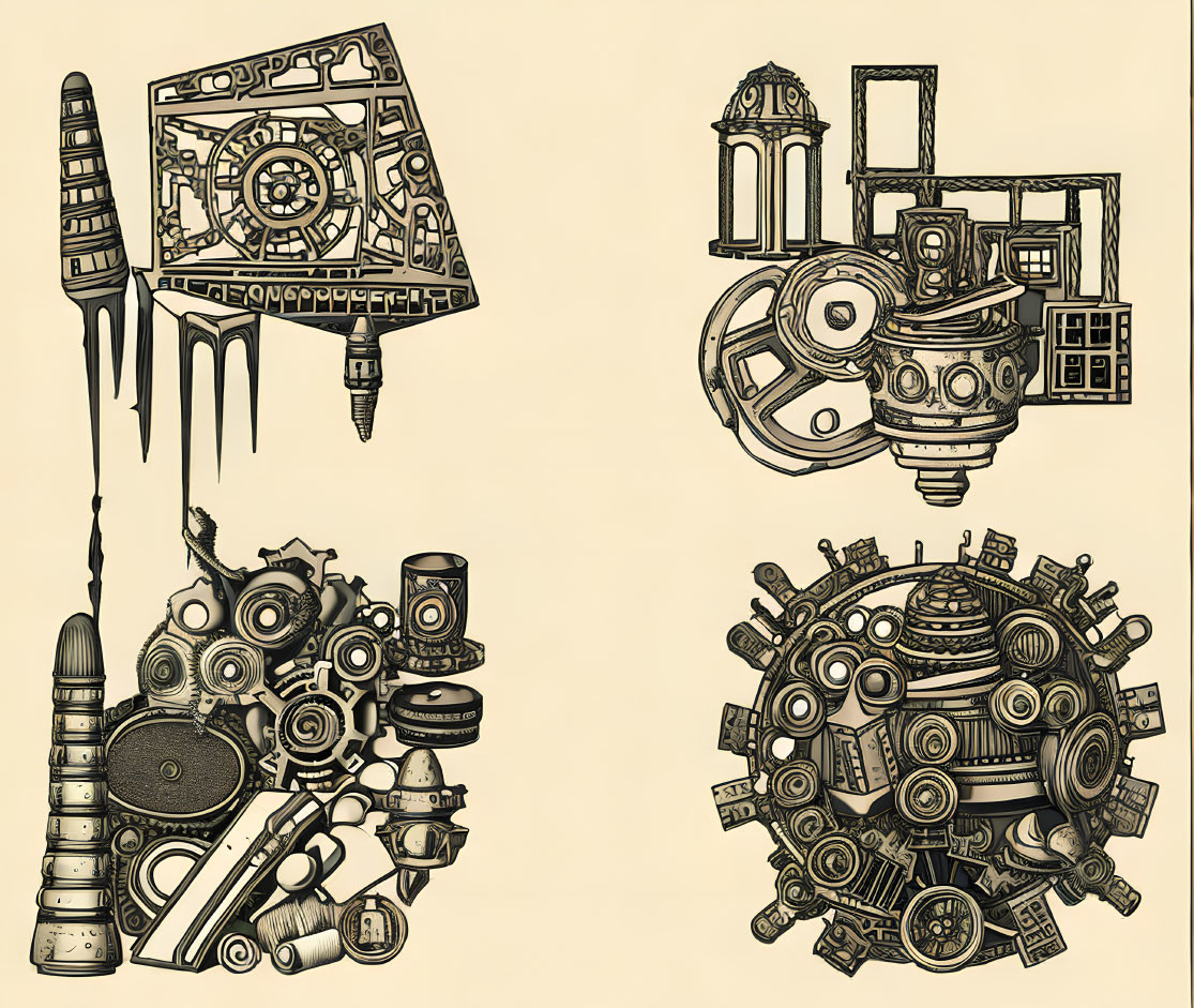 Detailed steampunk illustrations of rocket, floating island, skull, and circular design.