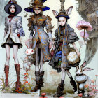 Fantasy characters with rabbit features in ornate clothing among cogwheels and large rabbits in hats