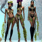 Stylized women in leaf-themed attire with golden accessories against ornate backdrop.