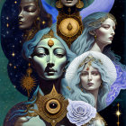 Vertical mystical cosmic female figures adorned with intricate jewelry against starry backdrop