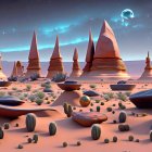 Surreal desert landscape with rock spires, flying saucer-like formations, cacti,