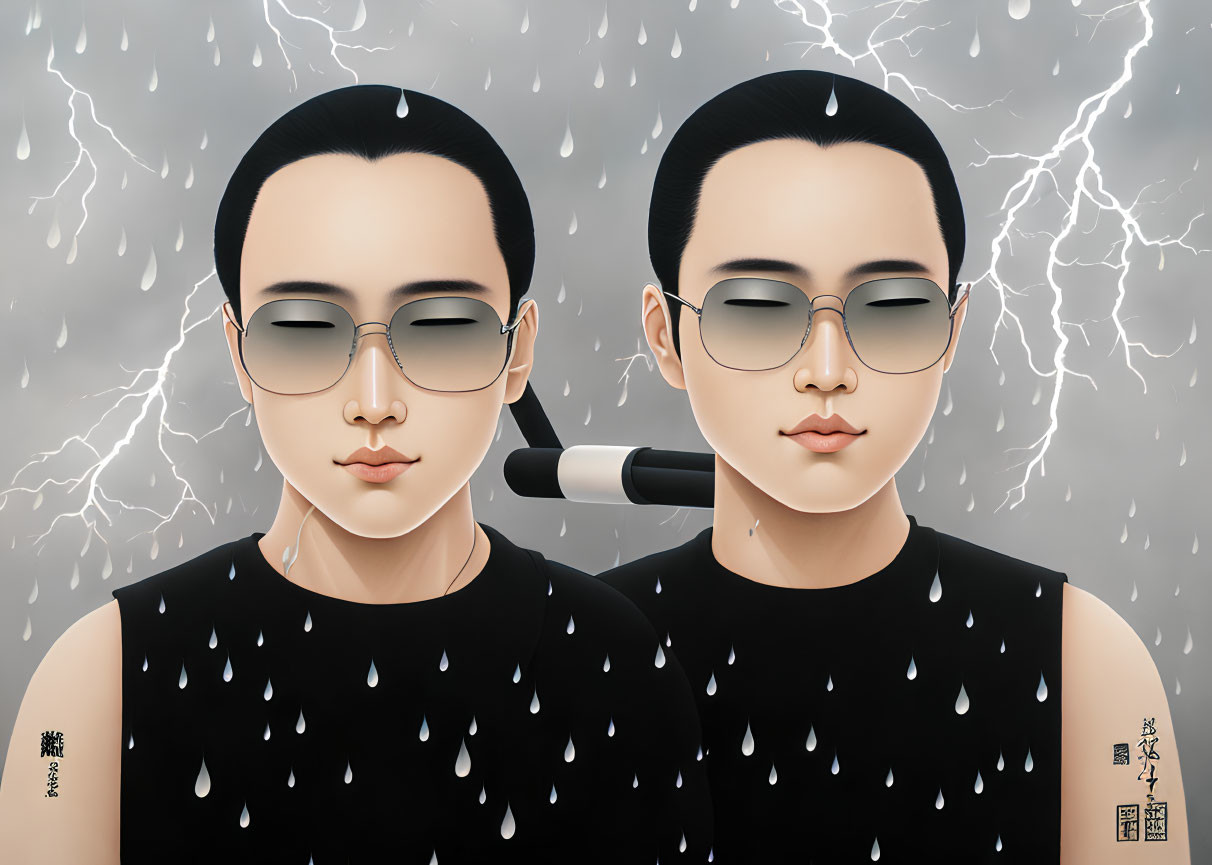 Identical twins with sunglasses in stormy setting, lightning and raindrops.