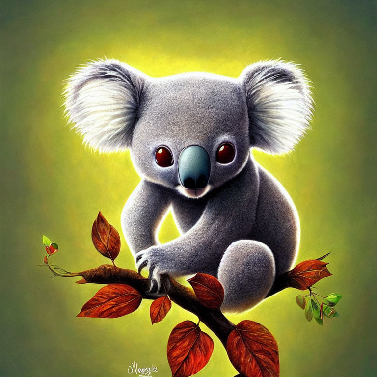 Stylized cute koala on branch with red leaves and green background