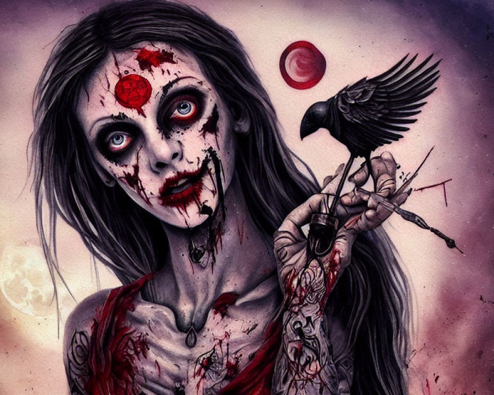 Gothic artwork of pale, bloodstained woman with raven in eerie landscape