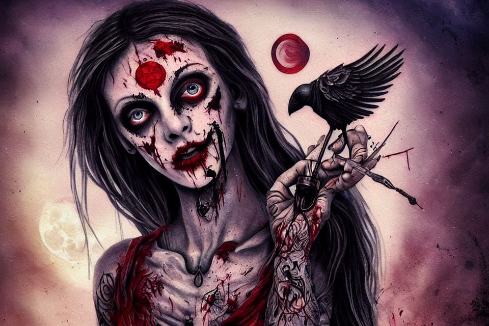 Gothic artwork of pale, bloodstained woman with raven in eerie landscape