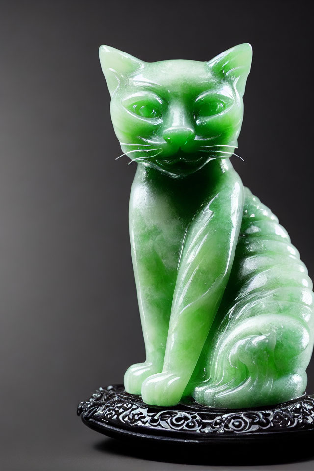 Detailed Carved Green Jade Seated Cat Sculpture on Dark Gray Background