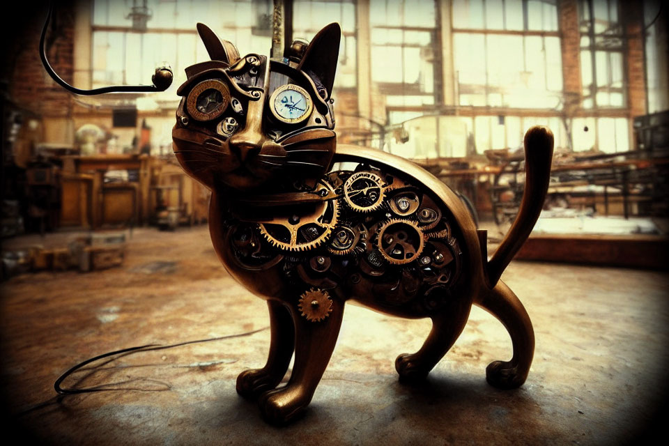 Steampunk-style Cat Sculpture with Clock Eye on Industrial Background