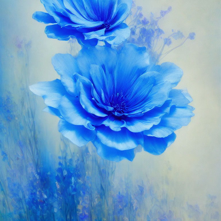 Vibrant blue flowers with delicate petals in soft-focus blue-toned backdrop