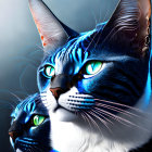 Vividly colored digital cats with blue and green eyes on shaded backdrop