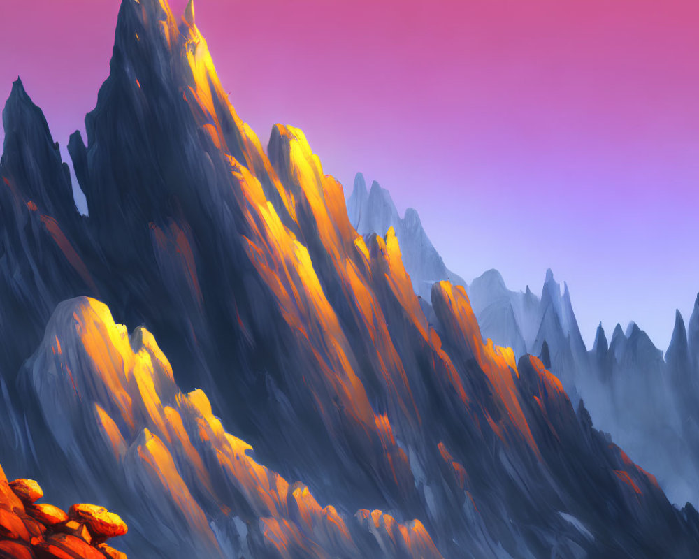 Majestic mountain peaks in golden sunset light and colorful sky gradient