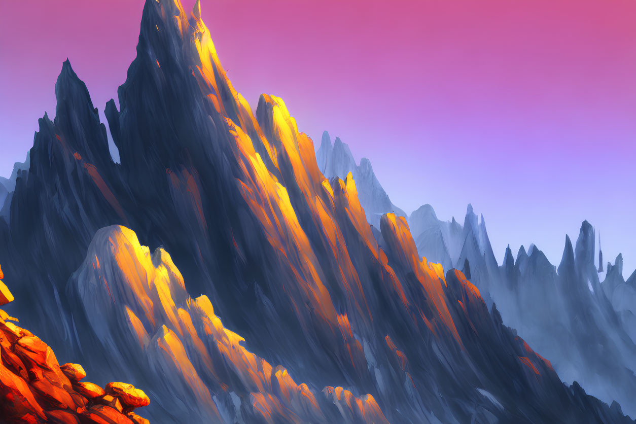 Majestic mountain peaks in golden sunset light and colorful sky gradient