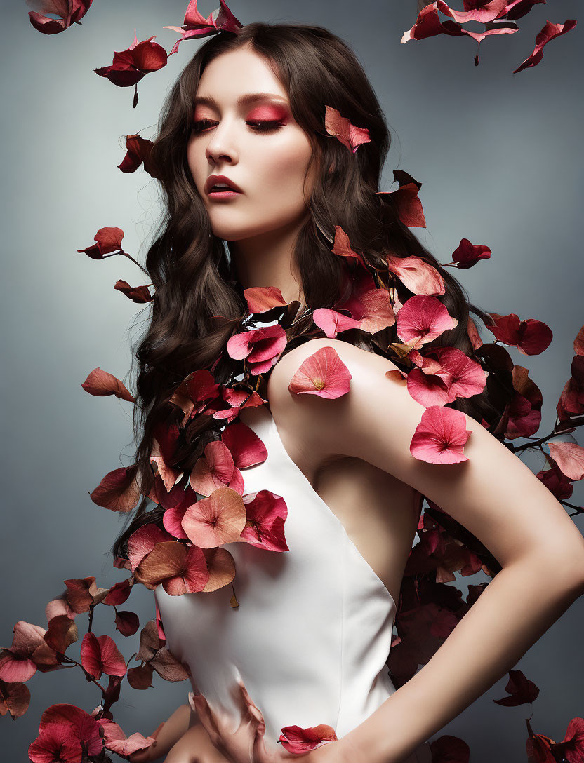 Woman in White Dress Surrounded by Pink Petals on Grey Background