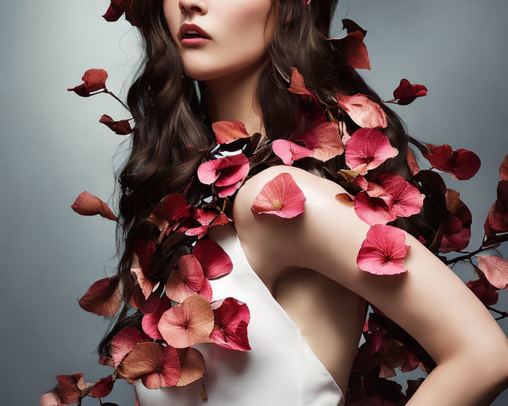 Woman in White Dress Surrounded by Pink Petals on Grey Background