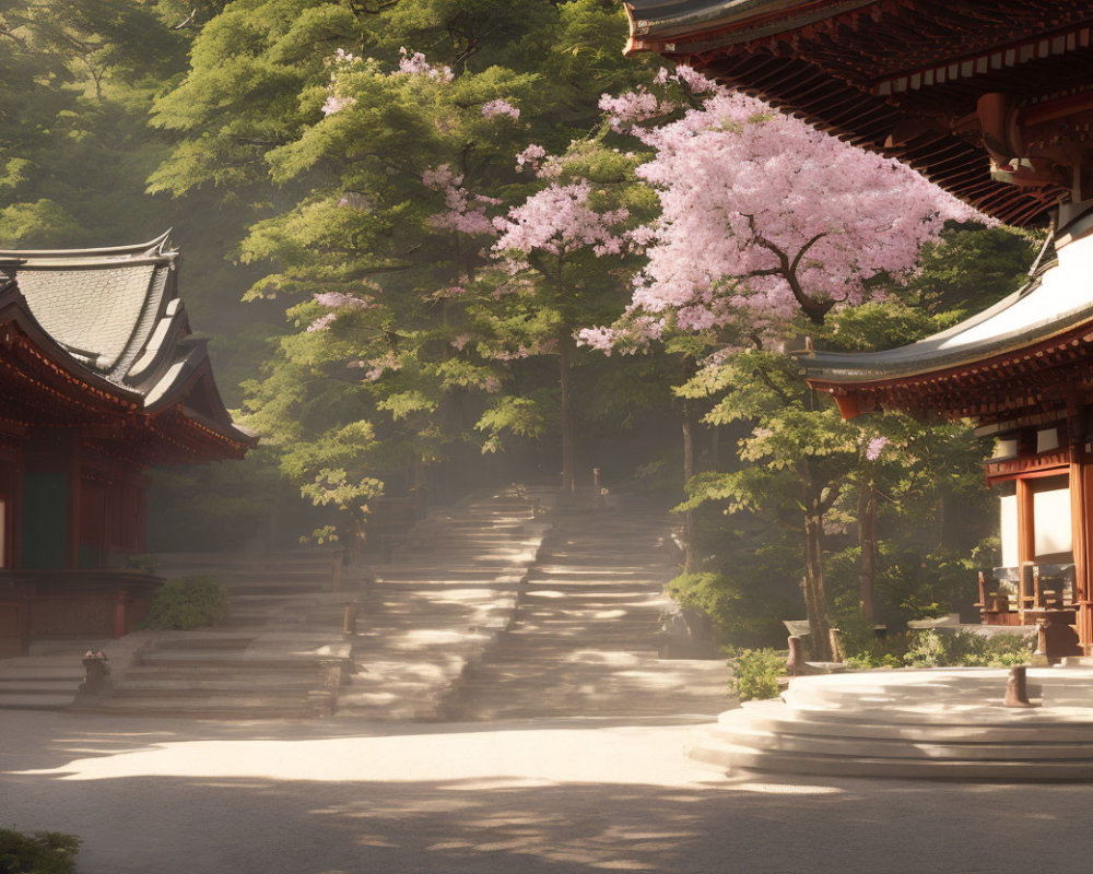 Traditional Temple in Forest with Stone Steps and Cherry Blossom Tree