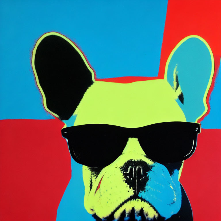 Stylized pop art French Bulldog with neon colors on blue and red background