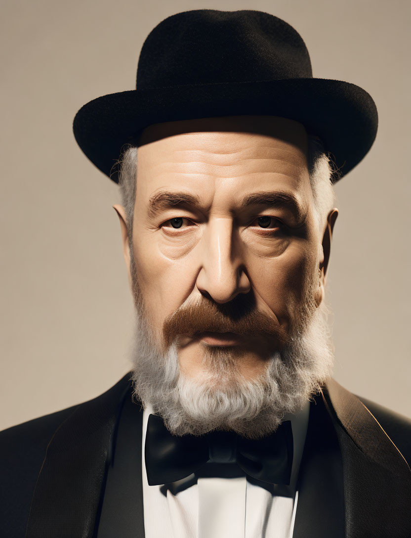 Elderly gentleman in bowler hat and tuxedo with white facial hair