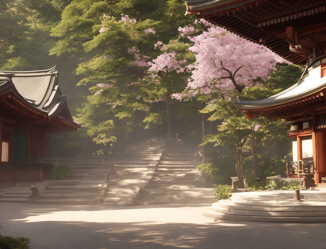 Traditional Temple in Forest with Stone Steps and Cherry Blossom Tree