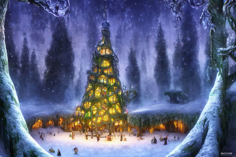 Winter forest Christmas tree scene with illuminated windows and people.