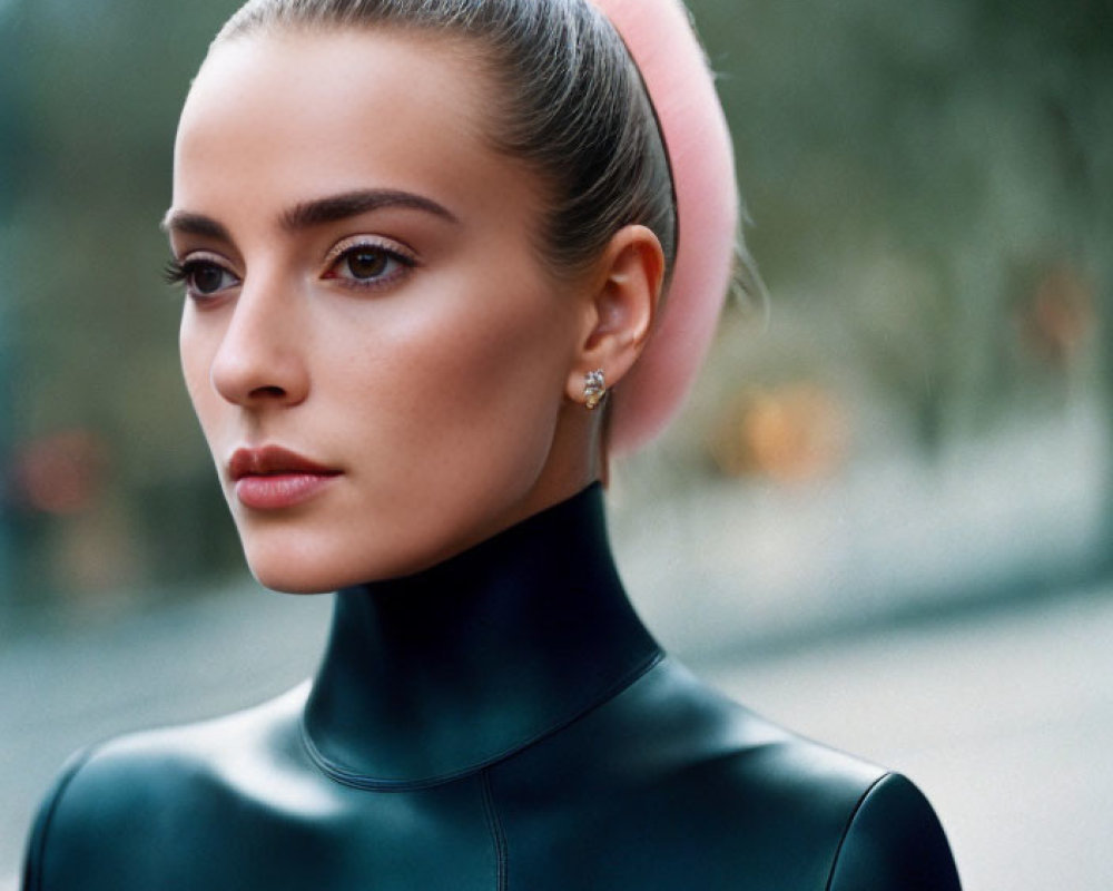 Sleek ponytail woman in black turtleneck with pink headband gazes serenely