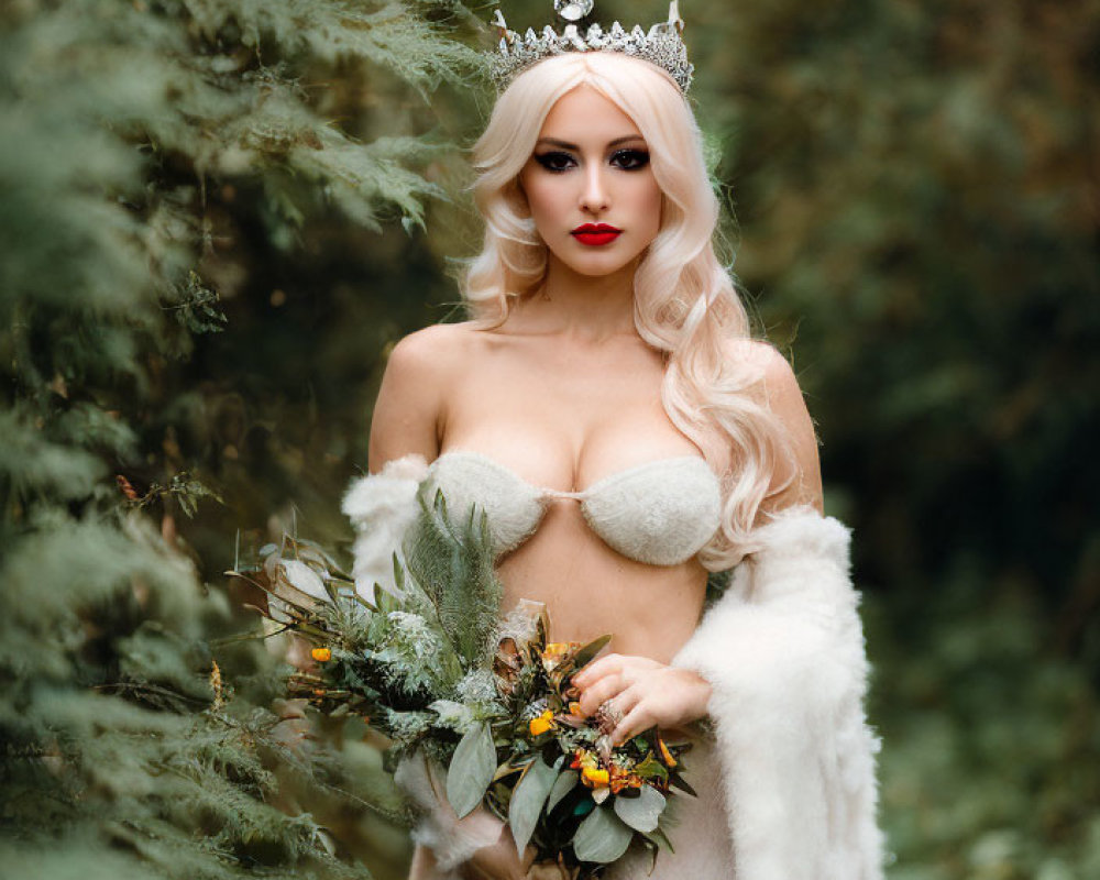 Bridal-themed woman with tiara, fur shawl, and bouquet in green foliage