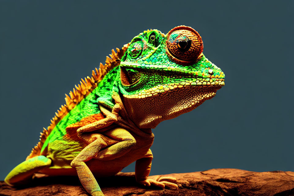 Vibrant Chameleon with Green Body and Orange Spine on Rock