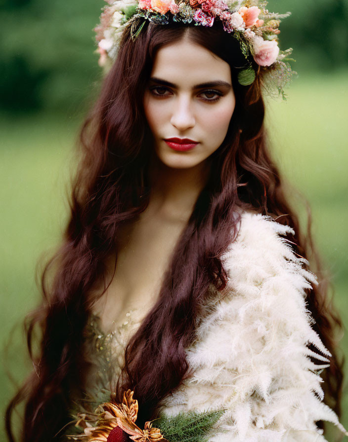 Woman with Long Brown Hair and Floral Headpiece in Earthy-Toned Dress in Green Meadow