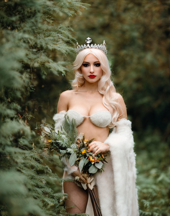 Bridal-themed woman with tiara, fur shawl, and bouquet in green foliage