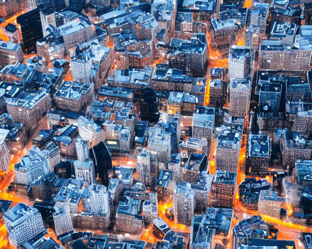 Dense Cityscape at Twilight with Illuminated Streets